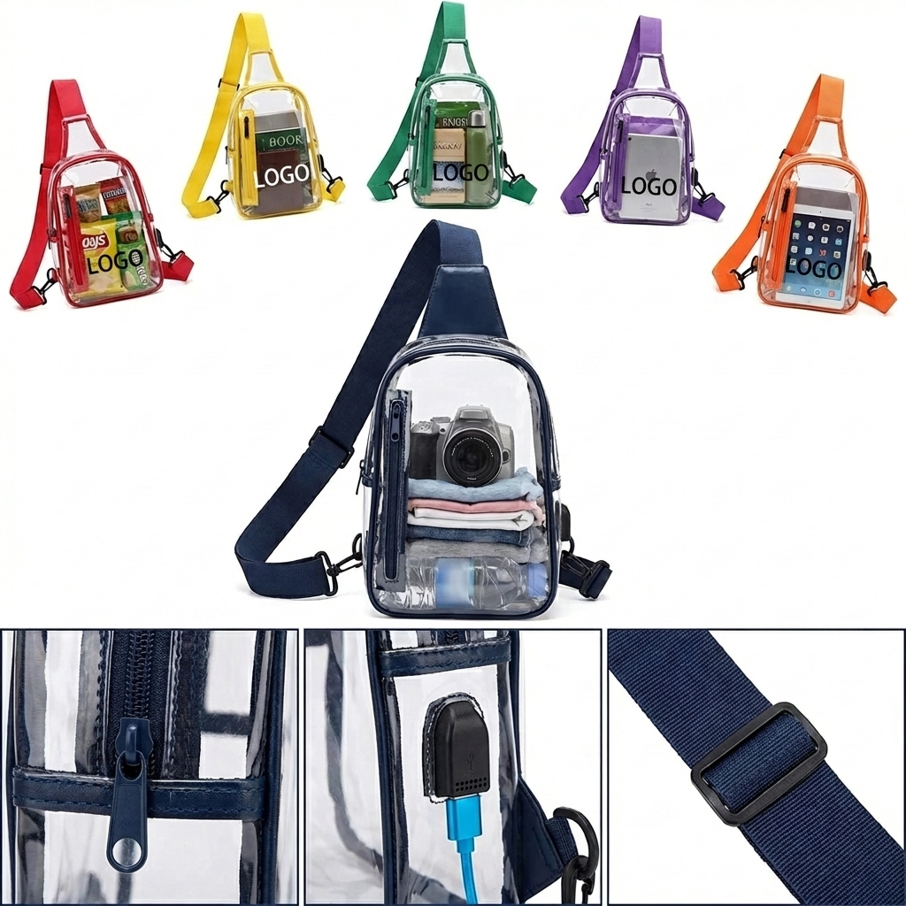 See-Through Essentials Chest Bag with Built-in Charging Port & Water-Resistant Design
