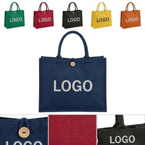 Sustainable Button-Closure Jute Tote Bag with Rope Handles for Branding
