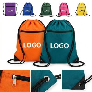 Durable Polyester Drawstring Backpack with Zippered Front Compartment